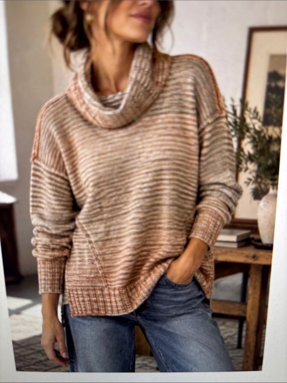 CAbi 4105 Ombré Striped Cowl Neck Orange Gray Striped Sweater XS